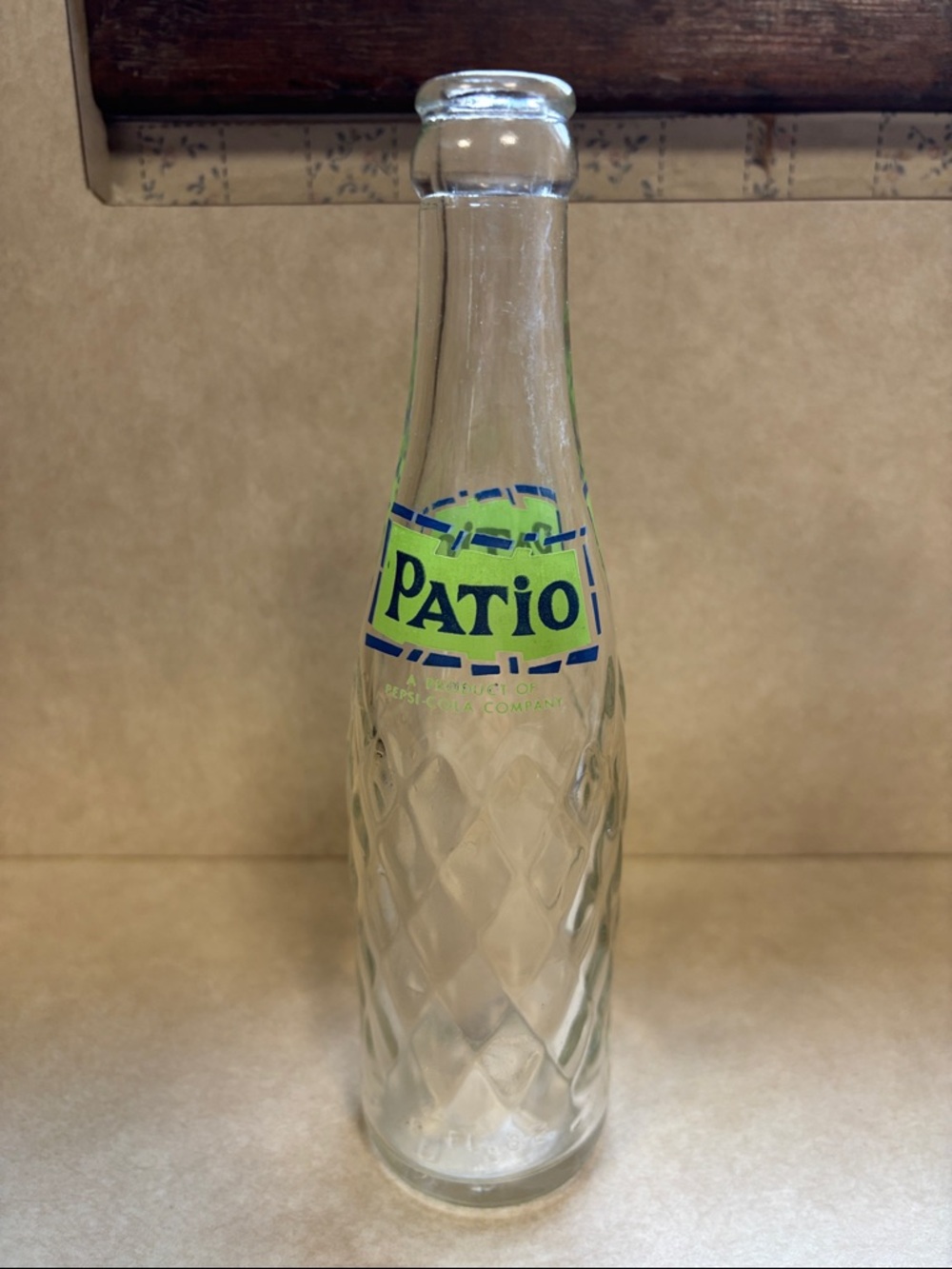 Pepsi Patio Clear Glass Bottle with Green and Blue Logo